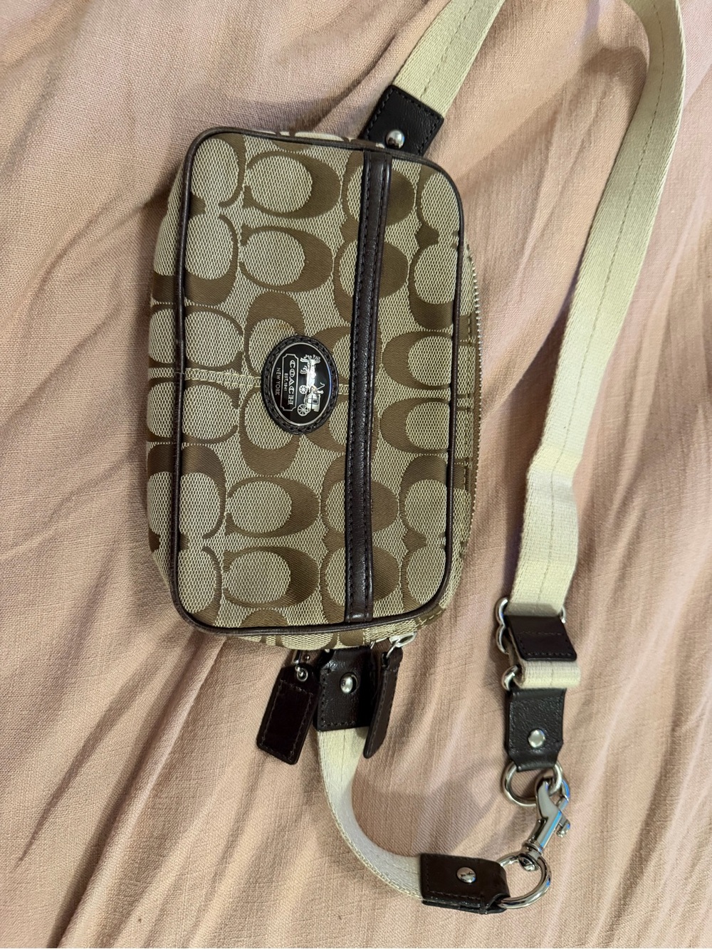 Coach Tan Khaki Signature Canvas Belt Bag with Leather Trim
